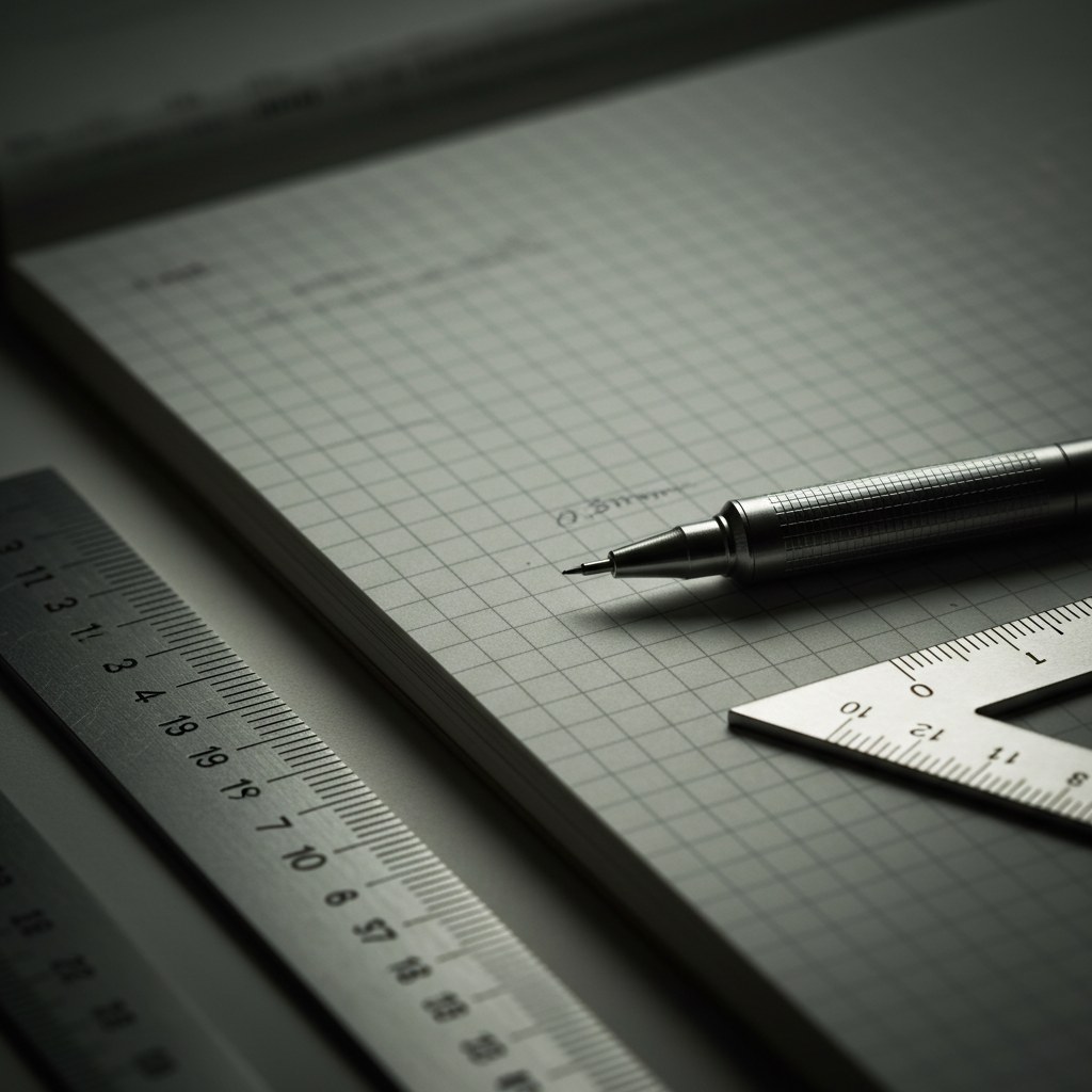 Ölçüm ve hassasiyet temasını yansıtan, cetvel ve grafik defteri üzerinde duran kalem detayı